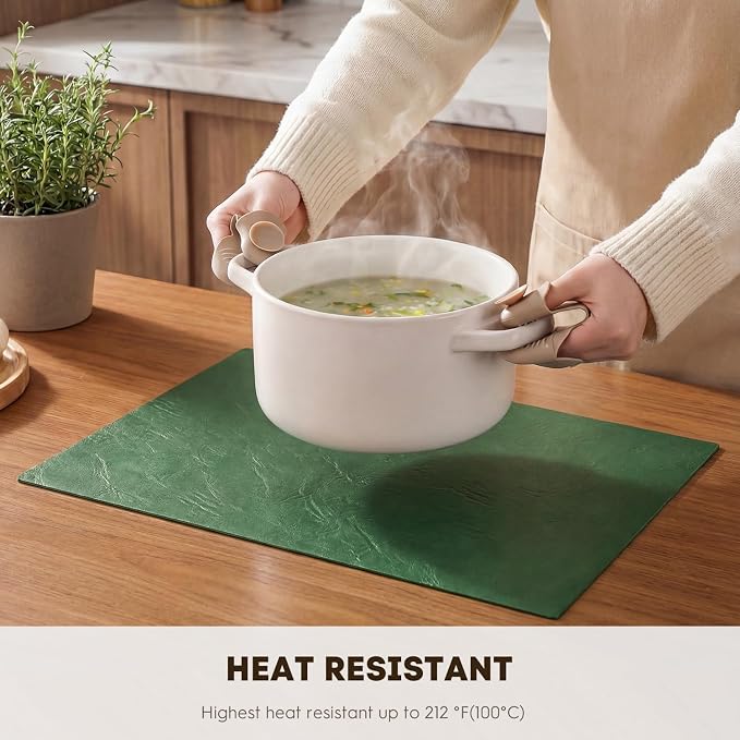 Artoid Mode Green Faux Leather Placemats Set of 8, 12x18 Inch Waterproof Wipeable Heat Resistant Vinyl Place Mats, Reversible Table Mats for Kitchen Dining Decor