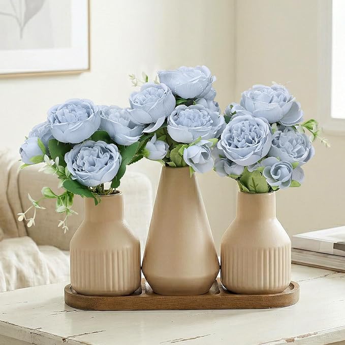 Flower Table Centerpiece - Dining Table Centerpiece Decor Set of 3 Fake Peonies in Ceramic Vases & Wood Tray Modern for Kitchen Island Living Room Coffee Table Home Decor (Blue)