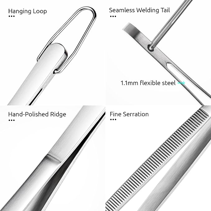 U-Taste 12in Long Kitchen Cooking Tweezer: 18/8 Stainless Steel Food-Grade Metal Food Tong, Flexible Pinching, Seamless-Welding, Sturdy and Non-Slip for Serving, Grilling, Frying, Baking (Round Tip)