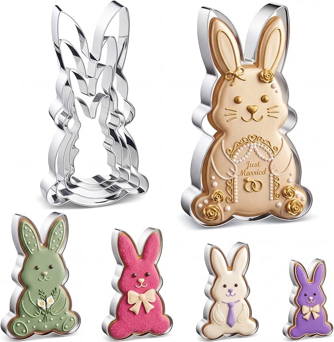 Qinyoung 4 Pcs Bunny Cookie Cutter Set- 5", 4", 3", 2" Large Stainless Steel Rabbit Cookie Cutter Fondant Biscuit Cooking Utensils for Baking for Easter Baby Shower Gender Reveal Birthday