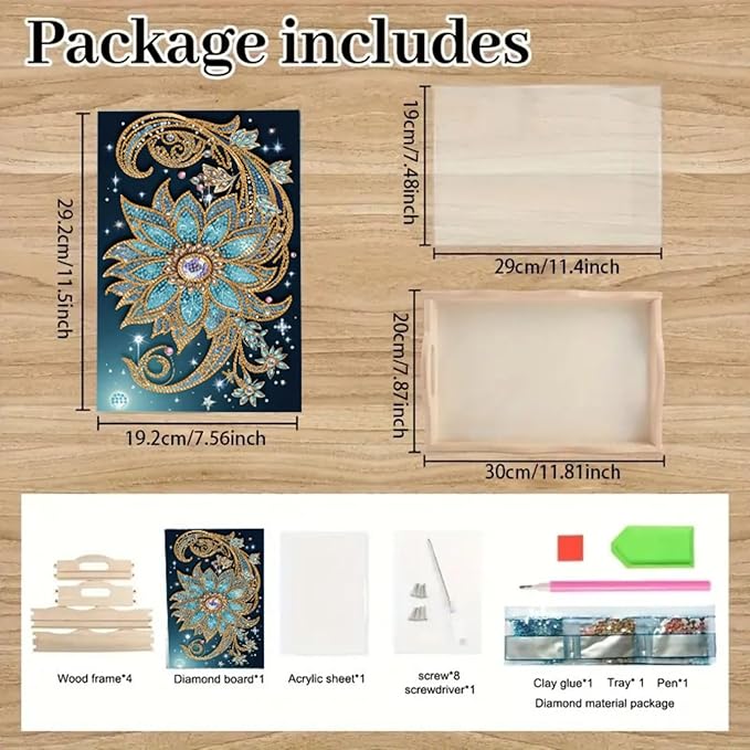 DIY Diamond Serving Tray Rectangular Wooden Breakfast Tray with Handle Handmade Diamond Art Painting Spring Creative Dinner Plate Coffee Room Living Home Organizer-Mandala02