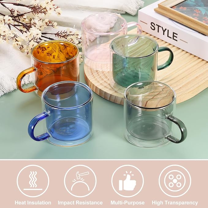 uxcell 8.4 oz Double Wall Glass Coffee Mugs, Glass Tea Cup with Widened Handles for Espresso Coffee, Cappuccino, Tea Bag, Latte, Hot Cold Beverages, Juice, Blue