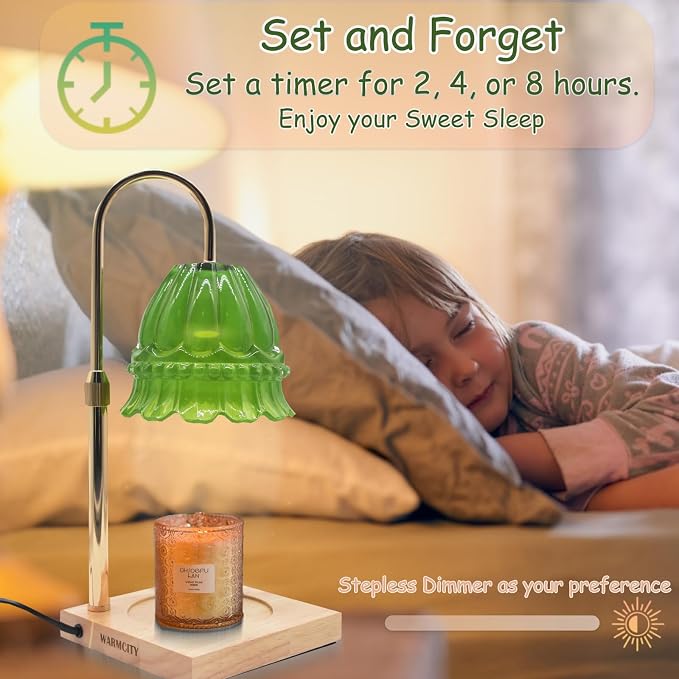 Glass Flower Lampshape Candle Warmer Lamp with Adjustable Height, Wax Burner Lamp with Timer and Dimmer, Wooden Base Candle Warmer, Women's Gifts (Green)
