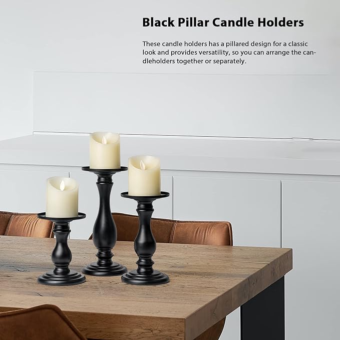 Matte Black Pillar Candle Holders Set of 3-10", 8", 6”H Candlestick Candle Holder Stand, Mother's Day Home Decor Gift for Fireplace/Table Centerpiece/Rustic/Farmhouse