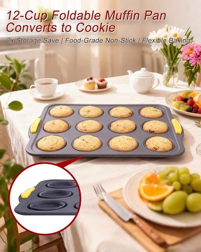12-Cups Foldable Silicone Muffin Pan with Metal Reinforced Frame - Non-Stick Heat-Resistant Baking Mold for Muffins, Cupcakes, Mini Treats - Easy Storage Silicone Baking Pan, 7-Piece Baking Set