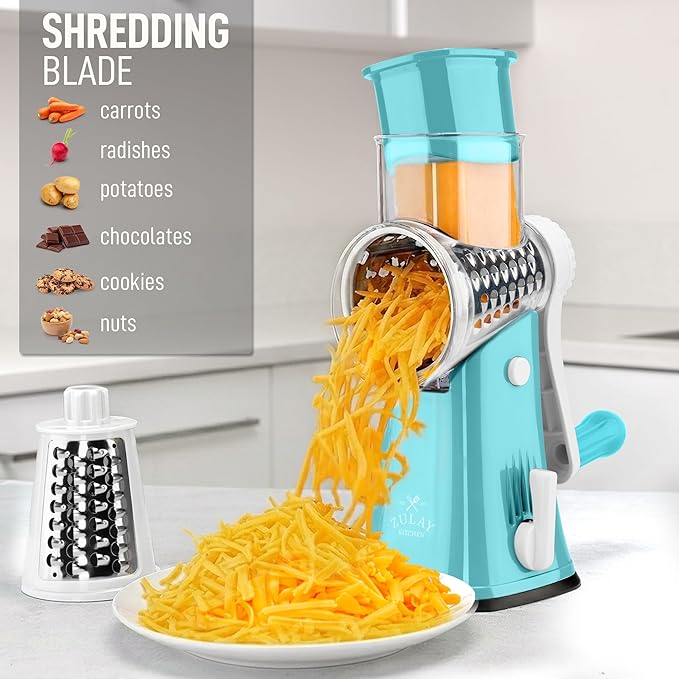 Zulay Kitchen Rotary Cheese Grater 5 Blade Cheese Shredder - Manual Hand Crank Cheese Grater With Reinforced Suction & 5 Interchangeable Drums - Easy to Use, Vegetable Chopper Round Mandoline Slicer
