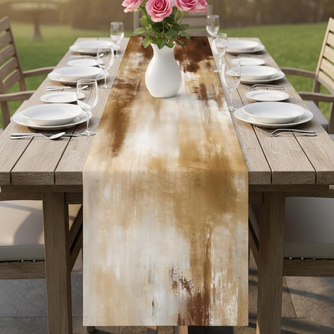 Abstract Minimalist Table Runners 72 Inches Long, Cotton Linen Fabric Table Runner Dresser Scarf, Modern Bohemia Aesthetic Ombre Brown Tablerunner for Party/Kitchen/Dinner/Wedding Decor 13"x72"
