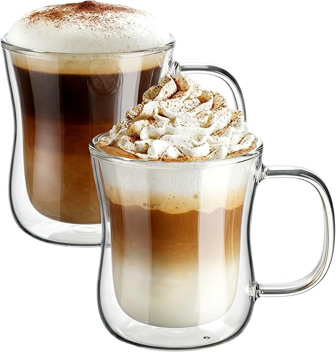 ecooe 12 oz Double Walled Glass Coffee Mug Latte Cappuccino Cups Set of 2, Clear Glass Coffee Cups with Handle, 350ml (full capacity) Coffee Cup Borosilicate Double Wall Glass Coffee Mug Tea Cups