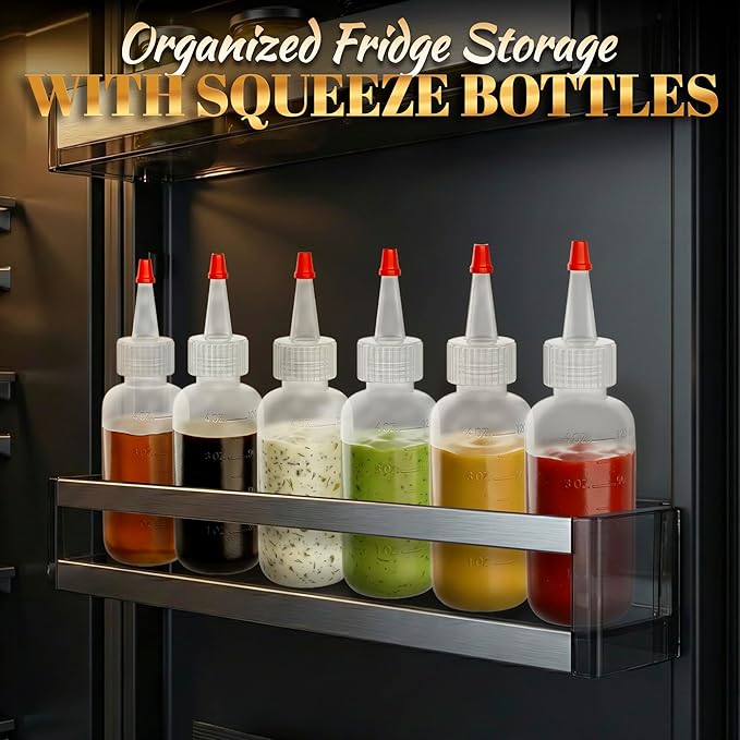 6 Pcs Plastic Squeeze Bottles for Sauces 4 oz (120 ml) - Reusable Condiment Squirt Bottles Set with Cuttable Fine Tip - for BBQ, Picnics, Camping, Pancake Batter, Syrup, Oils, Salad Dressings & Crafts