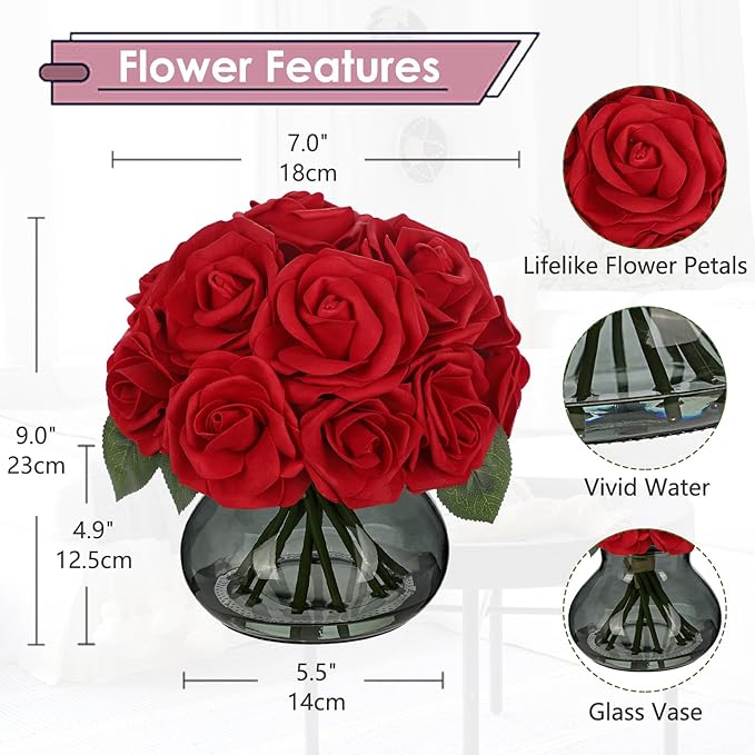 Hollyone Red Roses Artificial Flowers in Vase Silk Fake Rose Bouquet Flowers Floral Arrangements with Glass Vase with Faux Water for Home Bathroom Office Table Centerpiece Shelf Decorations