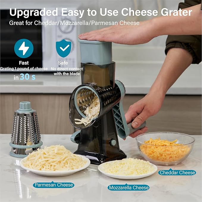 Rotary Cheese Grater hand crank 3 blades with Stronger Suction Base | Stainless Steel Blades for Fruits, Vegetables, Nuts. Dishwasher Safe & Easy to Clean, Transparent Black & Blue
