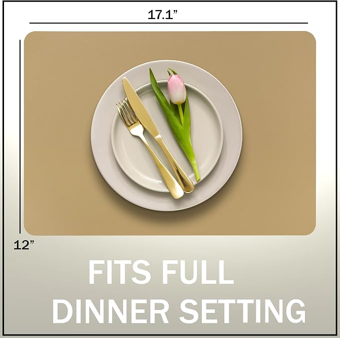 More Décor Faux Leather Placemats Set of 4 for Dining Table – Waterproof, Wipeable, Washable, Stain & Heat Resistant, Non-Slip Table Mats – 12 X 17 Inch, (Solid Beige 4)
