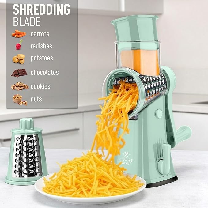 Zulay Kitchen Rotary Cheese Grater 5 Blade Cheese Shredder - Manual Hand Crank Cheese Grater With Reinforced Suction & 5 Interchangeable Drums - Easy to Use, Vegetable Chopper Round Mandoline Slicer