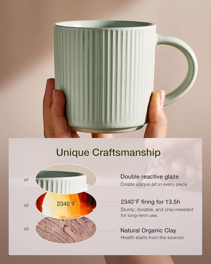 famiware Coffee Mug Set for 4, Star 12 oz Catering Mugs Cup Set with Handle for Coffee, Tea, Cocoa, Milk- Ceramic Stoneware Drinkware Set, Light Green