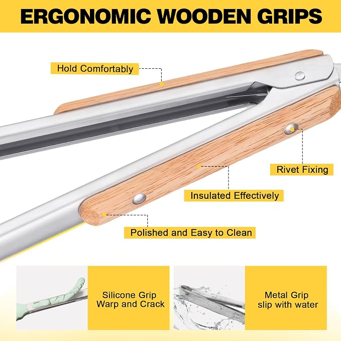 Premium Metal Kitchen Tongs for Cooking - Heat Resistant 1100°F Stainless Steel Tongs with Comfortable Wooden Grips - Perfect for Grill, Salad, Toaster, Cooking, and Serving Food (12-inch)
