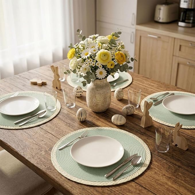 Noctiflorous Braided Round Placemats Set of 6, 15 Inch Woven Table Mats, Non-Slip Washable Place Mats for Kitchen Dining Table Decor (Mint Green, 6)