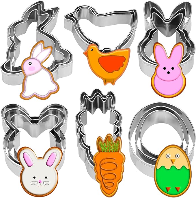 18 Pieces Easter Cookie Cutter Set - Bunny, Bunny Face, Rabbit, Egg, Chick, Carrot - Stainless Steel Easter Cookie Cutters - Large Cookie Cutters for Spring Holiday Baking