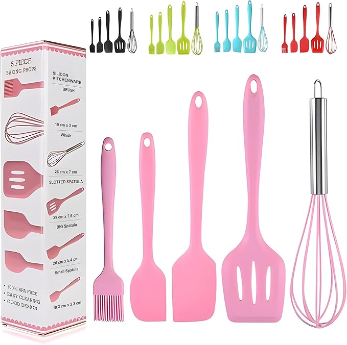5 Pcs Silicone Spatula Set, Food Grade Rubber Spatula, silicone cooking utensils set, spatulas silicone heat resistant 600°F for Nonstick Cookware, Perfect for Baking and Cooking, Bonus Whisk Included