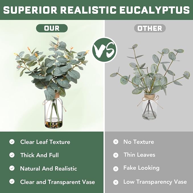15.74” Artificial Eucalyptus Stems in Glass Vase with Faux Water & Natural Stones, Lifelike Fake Greenery for Modern Farmhouse Home Decor, Bathroom Decor, Office Desk Centerpiece