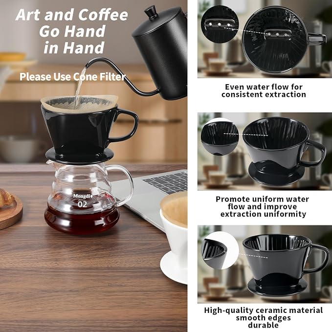 Mongdio Pour Over Coffee Maker, Ceramic Pour Over Dripper, Coffee Pour Over with 3 Holes Flat Bottom, Coffee Accessories for Home, Size 02 Black