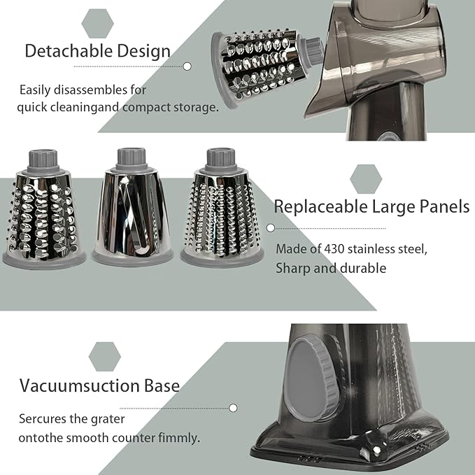 Cheese Grater Hand Crank, Stainless Steel Cheese Shredder with Strong Suction Base, Rotary Grater for Carrots, Potatoes, Vegetables and Fruits, Easy to Clean
