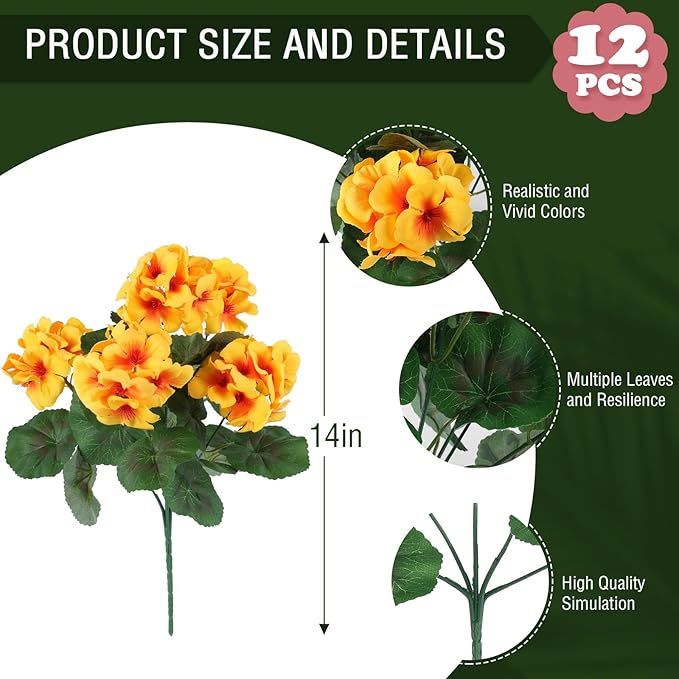 Hananona 12 Pcs Artificial Geranium Flowers for Outdoors Geranium Silk Flowers Outdoor UV Resistant Garden Plants Faux Flowers for Home Kitchen Table Centerpieces Decor (12, Yellow)