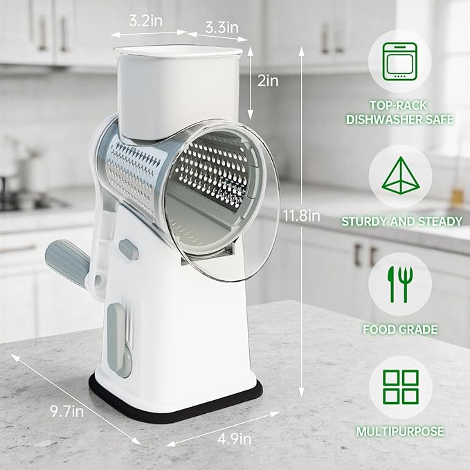 Ourokhome Rotary Cheese Grater Cheese Shredder with 5 Interchangeable Blades, Rotary Grater with Non-slip Suction Base Hand Crank Slicer for Vegetable Nuts White
