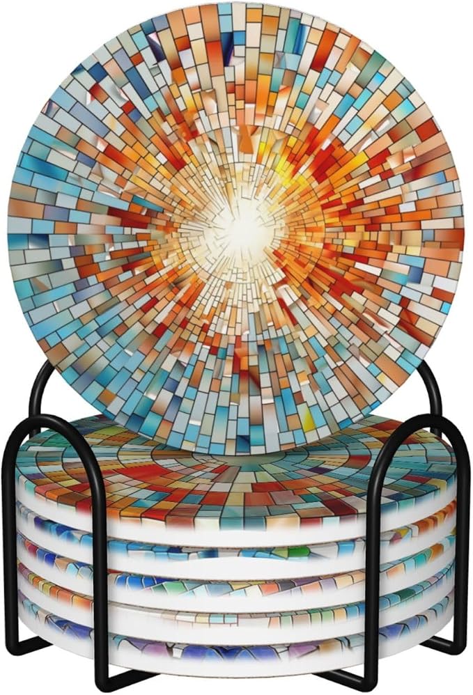 Coasters Set of 6, Coasters for Drinks Absorbent Stone with Holder, Colorful Glass Ceramic Drink Coaster for Tabletop Protection, Coffee Table Decor Ideal for Home Decor House Warming Gifts