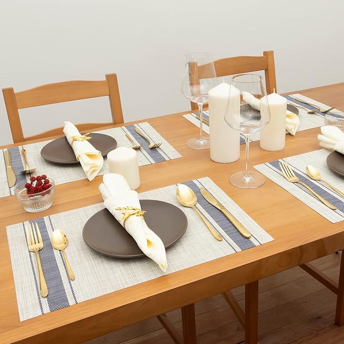 Winknowl Placemats Set of 8, Heat Resistant Non-Slip Vinyl Woven Table Mats for Dining Table, Washable Durable Elegant Place Mats for Kitchen Indoor/Outdoor Use (Beige Blue)
