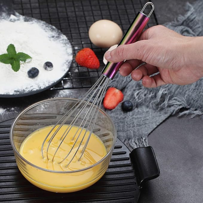 Berglander Rainbow Handle Whisk Pack of 3 Stainless Steel 8",10",12", Titianium Plating Colorful Handle Whisks for Cooking, Beater,Wire Whisk Set Kitchen Wisk (Rainbow Handle)