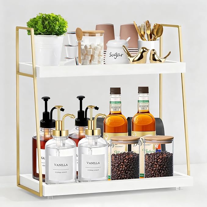 Coffee Bar Organizer for Countertop, Multifunctional Coffee Station Organizer for Accessories Storage, 2 Tier Wooden Shelf for Coffeebar, Countertop, Corner