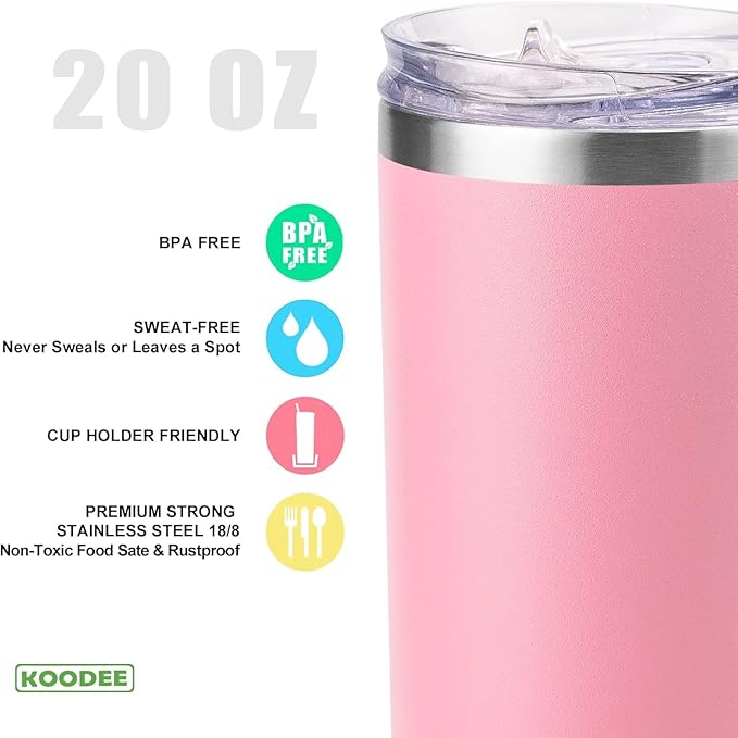 koodee 20 oz Tumbler with Lid and Straw -4 Pack Insulated Skinny Tumblers Stainless Steel Double Wall Water Cup (White/Teal/Sky Blue/Baby Pink)
