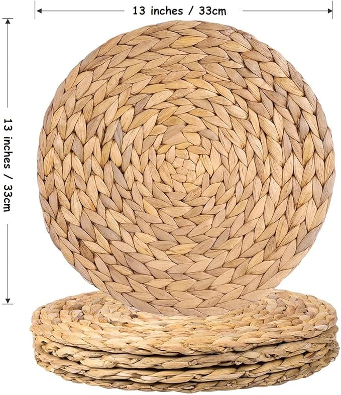 Round Woven Placemats Set of 6-13 inches Plate Chargers Natural Wicker Placemats Water Hyacinth Straw Braided Tablemats Rattan Tablemats Rustic Weave Placemats for Dining Table