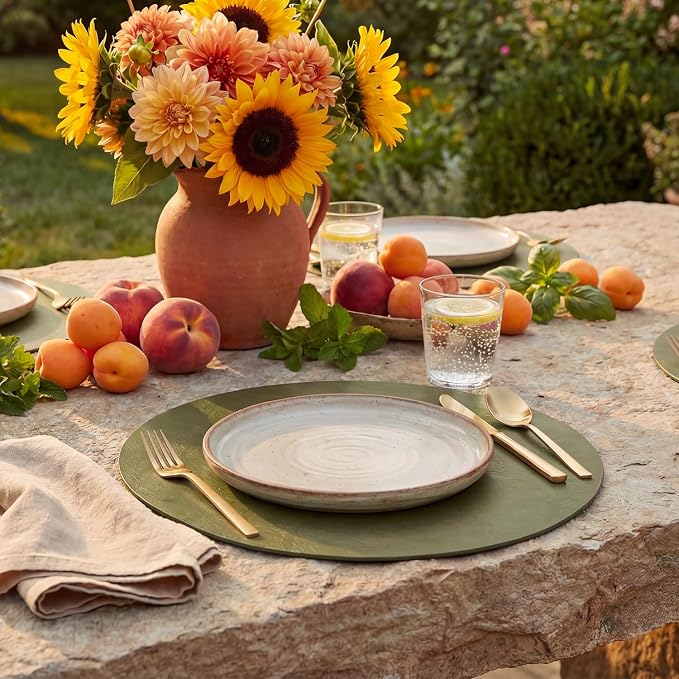 Artoid Mode Olive Green Faux Leather Placemats Set of 4, 15 Inch Waterproof Wipeable Heat Resistant Vinyl Place Mats, Reversible Table Mats for Kitchen Dining Decor