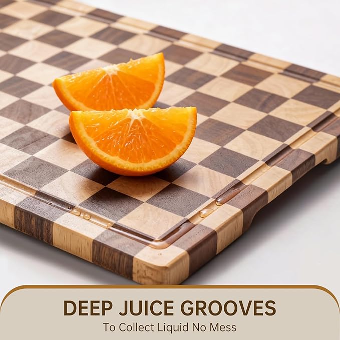 Checkered Cutting Board, Wooden Cutting Boards for Kitchen, Acacia Wood Cutting Board with Handle & Juice Grooves, Small Charcuterie Boards with Gift Box, 14" X 11" X 0.8"