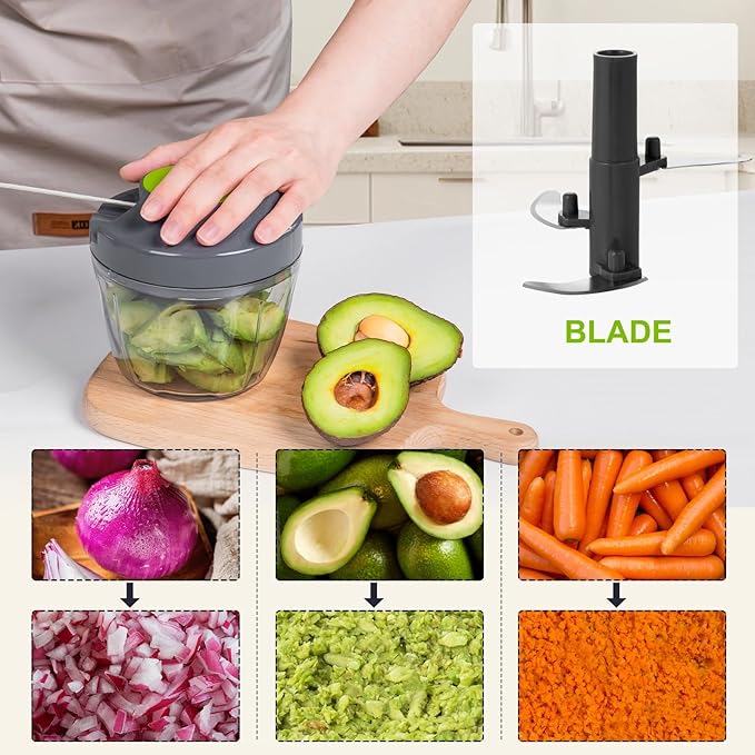 Manual Food Processor Vegetable Chopper, Portable Hand Pull String Garlic Mincer Onion Cutter for Veggies, Ginger, Fruits, Nuts, Herbs, etc., 650ml-Gray