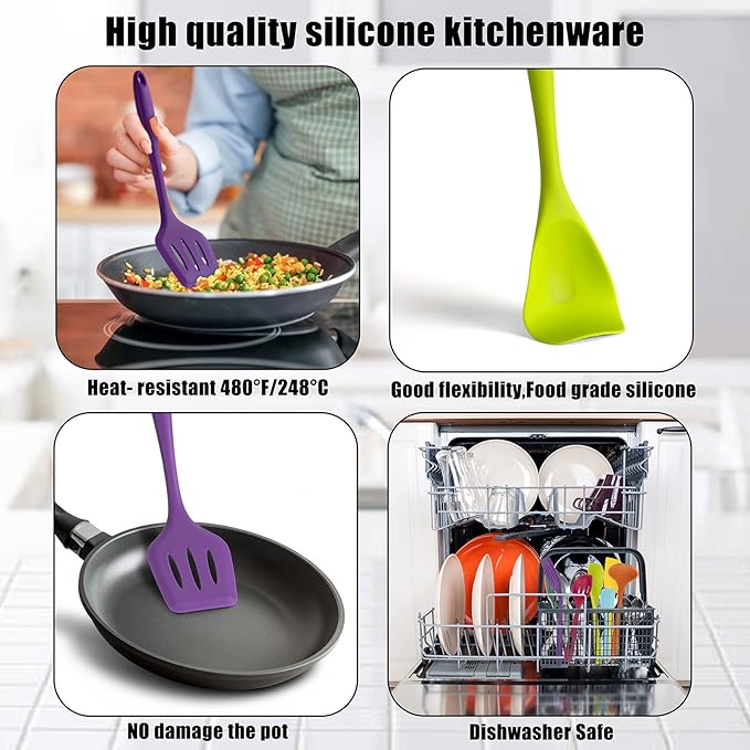 KAY RUK Kitchen Silicone Utensil Set,10Pcs Cooking Utensils Set,Food Grade Safety Silicone Utensils,480℉Heat Resistant Kitchen Tools,Seamless Easy to Clean, Non Stick Utensils(Multicolor)
