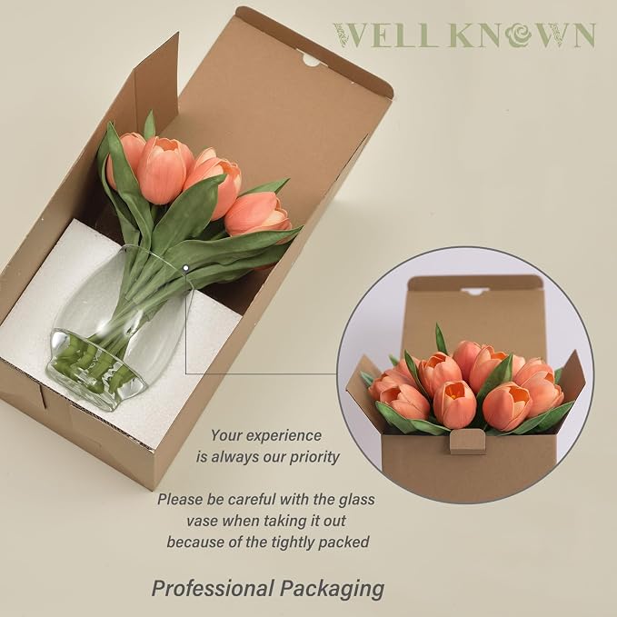 WELL KNOWN 12 Pcs Fake Tulips Artificial Flowers in Vase with Faux Water, Peach Pink Foam Tulips Arrangements with Vase for Home Office Wedding Dining Table Centerpiece Party Decor & Birthday Gift