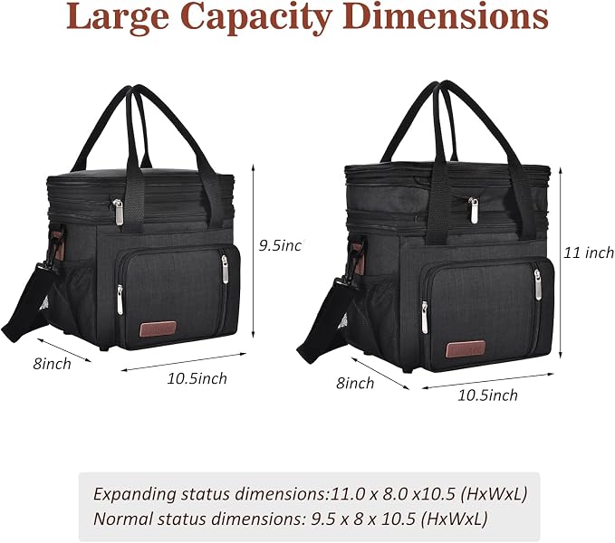 LOKASS Lunch Bag& Lunch Box for Men Women Double Deck,Large Insulated Adult Lunch Box Leakproof Lunchbox Cooler Bag for Work Picnic Beach, Black