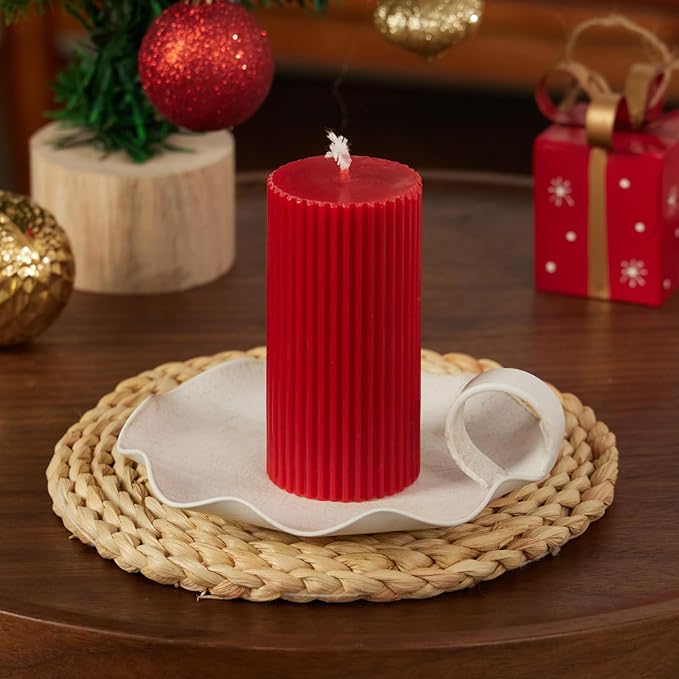 Candle Holders for Pillar Candles, 5.5" Overall Width Vintage Metal Plate Holder with Handle, Fits Candles up to 3.3" Diameter & Flameless, Distressed White (Candles Not Included)