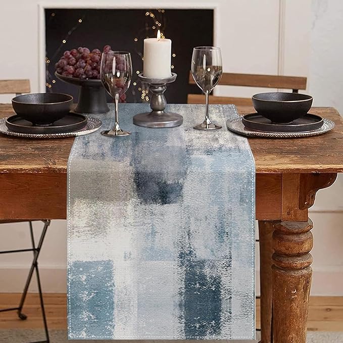Emvency Farmhouse Table Runner, Vintage Blue and Grey Abstract Art Painting for Kitchen Coffee Table Family Dinners Holiday Parties Wedding Events Decor(13x108 inch)
