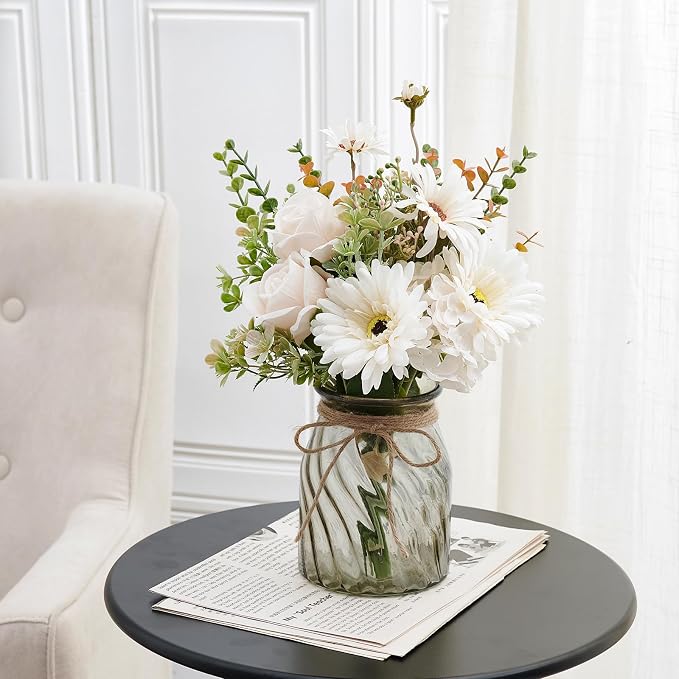 Fake Flowers Artificial Daisy Rose with Vase, Faux Silk Flowers Fake Plant Decor for Home Office, Kitchen Dining Table Centerpiece, Bathroom Shelf Decor