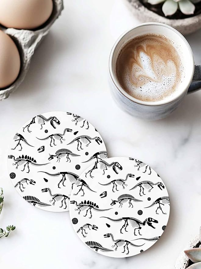 Coasters Set of 6 Dinosaur Fossils Drink Coasters with Holder Absorbent Stone Ceramic Cup Mat Black White Animal Coaster for Drinks Coffee Bar Office Kitchen Cafe Home Decor