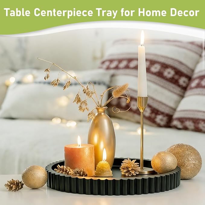MTOPHLSBlack Wood Decorative Serving Tray for Coffee Table Decor, 11 Inch Wooden Round Candle Holder Plate for Kitchen, Living Room, Home Decor