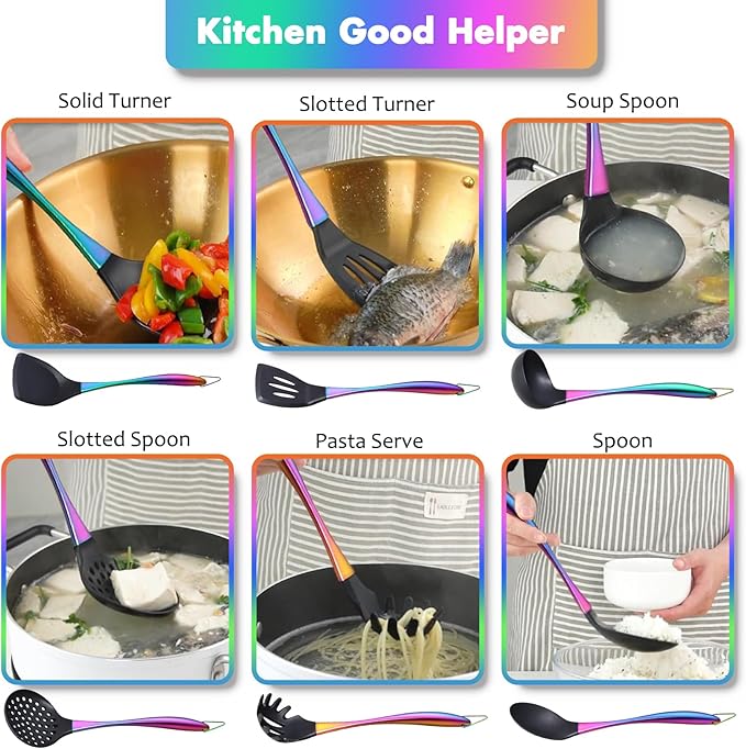 Silicone Cooking Utensils Set, 9Pcs Kitchen Utensil Set with Stainless Steel Handle, Heat-Resistant Silicone Utensils for Cooking, Non-Stick Spatula Set with Spoons, Turners, Ladle (Rainbow)