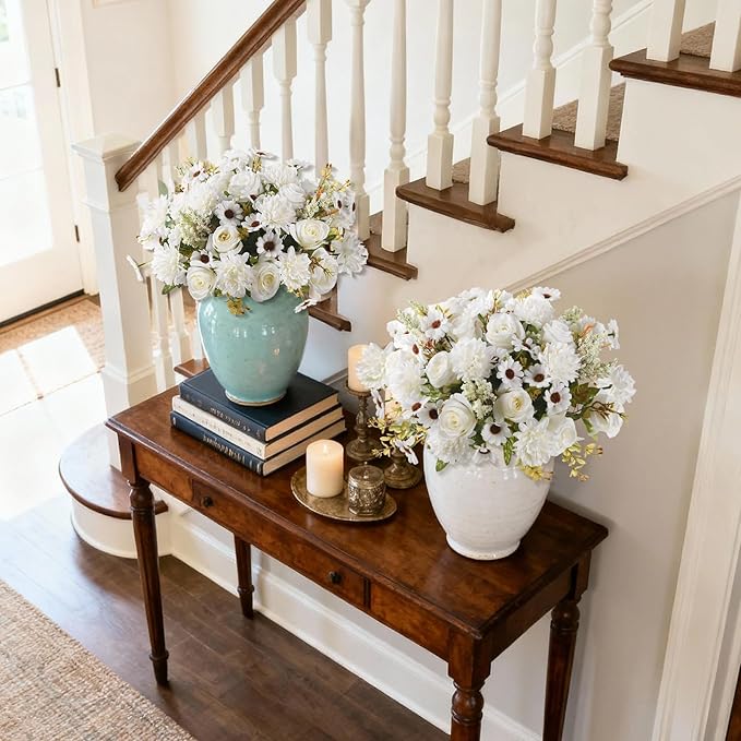 Artificial Fake Flowers for Spring Decoration, 4 Pcs Faux Silk Flower Arrangements Centerpiece for table with Chrysanthemum Rose Daisy Floral Bouquets Office Wedding Patio Porch Indoor Home Decor