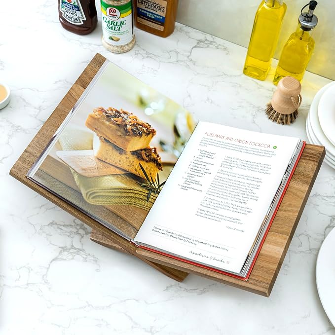 MyGift Premium Acacia Wood Kitchen Cookbook Stand – Solid Wood Recipe Holder for Countertop Cooking, Tablets & Books