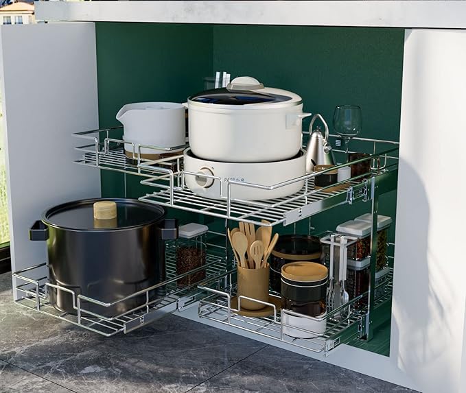 LOVMOR 2 Tier Individual Pull Out Cabinet Organizer 25½" W x 21½" D, Slide Out Kitchen Cabinet Storage Sliding Shelves