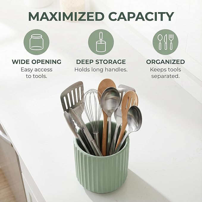 Small Utensil Holder for Kitchen Counter (H5.51” x W4.92”) Ceramic Countertop Utensil Holder for Kitchen Utensils Crock for Countertop Includes Silicone Drying Mat Light Cadetblue