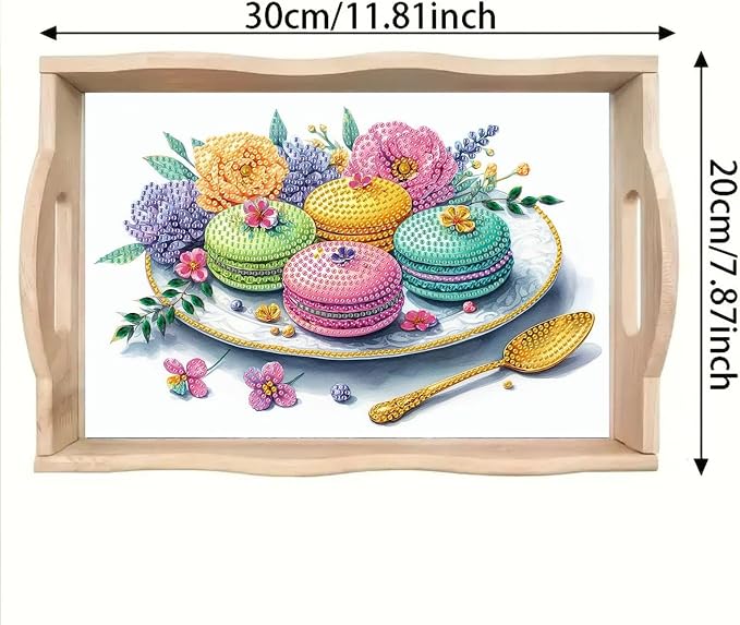 DIY Diamond Serving Tray Rectangular Wooden Breakfast Tray with Handle Handmade Diamond Art Painting Spring Creative Dinner Plate Coffee Room Living Home Organizer-Macarons
